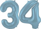 De Ballonnenkoning - Folieballon Cijfer 34 Blauw Pastel Metallic Mat - 86 cm