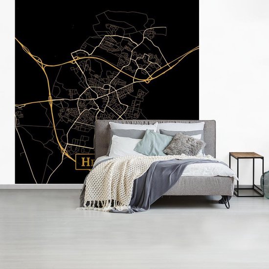 Behang - Fotobehang Kaart - Hengelo - Luxe - Goud - Zwart - Breedte 350 cm x hoogte 350 cm