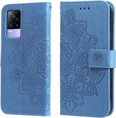 Voor vivo V21e 7-bloemblaadje Bloemen Embossing Patroon Horizontale Flip PU Lederen Case met Houder & Kaartsleuven & Portemonnee & Fotolijst (Blauw)