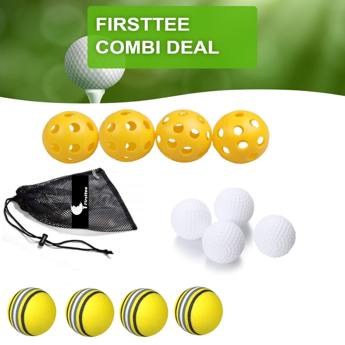Firsttee - COMBI DEAL Golfballen - GRATIS Ballennet Hoge kwaliteit - Golfballen - Soft ballen - Golf accessoires - Cadeau - Golftrainingsmateriaal - Sport - Training - Golfset - Indoor - Golfswing - Trainingsmaterialen - Geschikt voor een golfnet