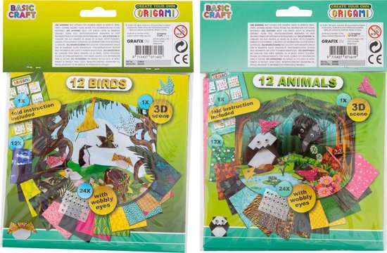 Origami pakket | 12x origami vogels | 12x origami dieren | Origami papier - vouwblaadjes | inclusief wiebeloogjes voor mooi effect - Grafix