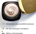 Een open pot Age Perfect Cell Renaissance gezichtscrème met een gouden deksel. De crème is romig en licht van kleur. Naast de pot staan iconen en tekst.