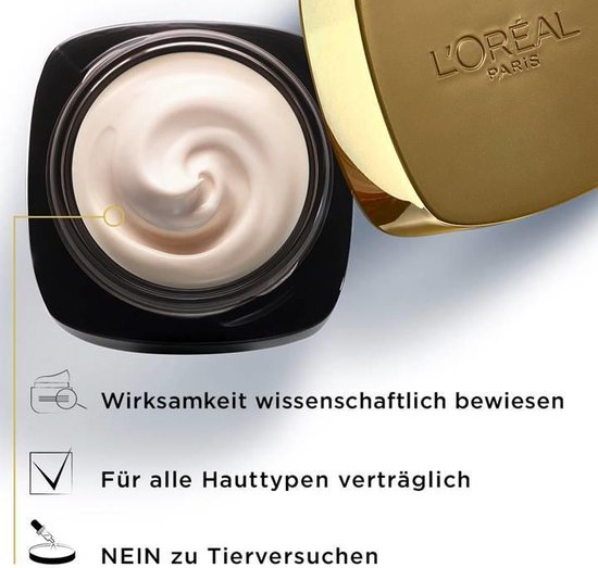 Een open pot Age Perfect Cell Renaissance gezichtscrème met een gouden deksel. De crème is romig en licht van kleur. Naast de pot staan iconen en tekst.