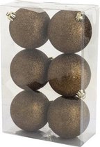 Kerstballen Plastic - Kerstbal - Set van 6 Stuks - Glitter Bruin - ø8cm