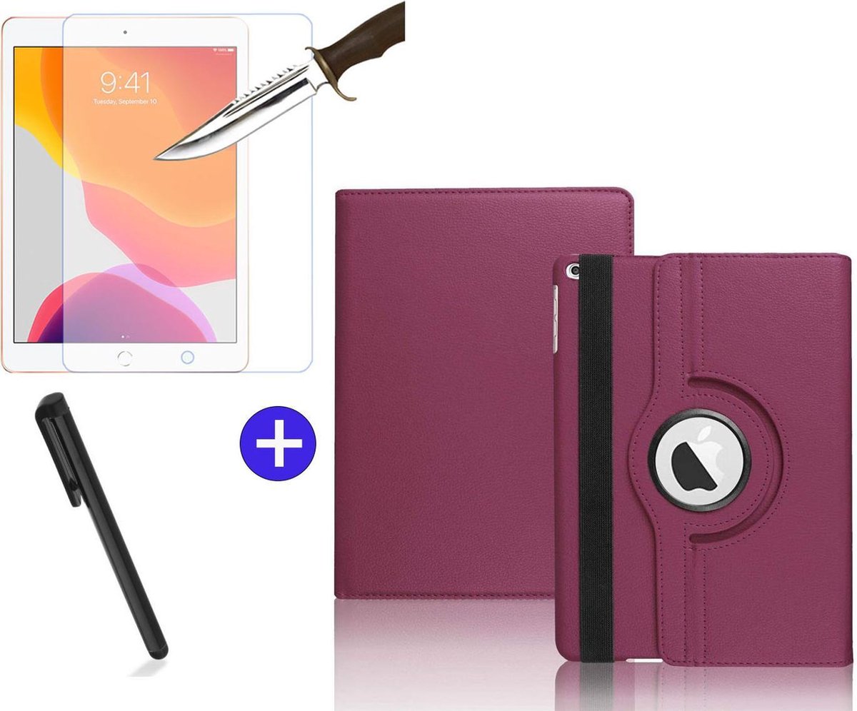 BixB iPad 10.2 (2019 / 2020 / 2021) - Draaibare Tablet hoes met Standaard + Screenprotector + Touch Pen - Draaihoes - Paars