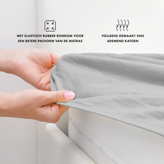 Drap-housse gris étiré pour montrer le bord élastique. Avec icônes pour bord élastique et coton respirant.