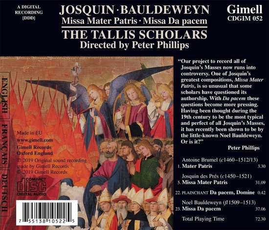 Albumhoes met een schilderij van engelen en mensen, tekst "JOSQUIN BAULDEWEYN GimeLL THE TALLIS SCHOLARS Peter Phillips".