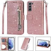 Roze portemonnee hoesje voor Samsung galaxy S21 met glitters