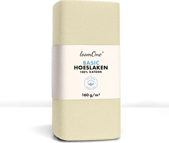 Hoeslaken Loom One – 100% Jersey Katoen – 160x220 cm – épaisseur de matelas jusqu'à 35 cm – 160 g/m² – pour Boxspring-Waterbed - Natural / Crème