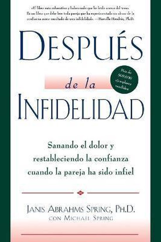 Boekomslag met "DESPUÉS de la INFIDELIDAD" in grote letters, met ondertitels over heling en vertrouwen.