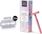 Safety Razor incl. 25 Scheermesjes – Razor Blade – Double Edge Duurzaam Scheermes – Single Blade - Zero Waste – Voor mannen en vrouwen – Roze