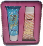 Gift Set in Blik - Badschuim & Bodylotion - Blauw / Zalm - Metaal - 2x 45ml