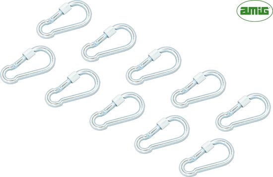 Tien zilveren karabijnhaken met schroefsluiting op een witte achtergrond, met het AMIG-logo.