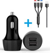 Autolader met Multi 3in1 USB-C iPhone Micro OplaadKabel - Metalen Lader - 30W - 2x USB 3.0 Poorten - Universeel Smartphones / Tablets