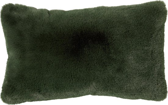 Coussin décoratif vert foncé, 30x50 cm, aspect fourrure douce et longue.