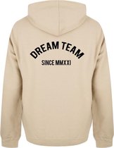 DREAM TEAM couple hoodies beige (UNISEX - maat XL) | Gepersonaliseerd met datum | Matching hoodies | Koppel hoodies