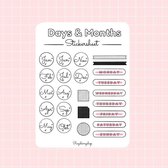 Rozeberryshop - Dagen en Maanden Stickervel - Datum Stickers - 11x15cm - Maandelijkse Stickers - Dagen van de Week - Stickervellen - Stickers - Engels - Bullet Journal - Planner - Scrapbook S