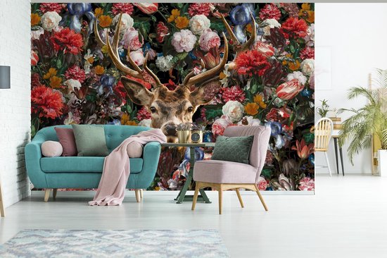 Papier peint - Papier peint photo Cerf - Bois - Fleurs - Largeur 420 cm x hauteur 280 cm