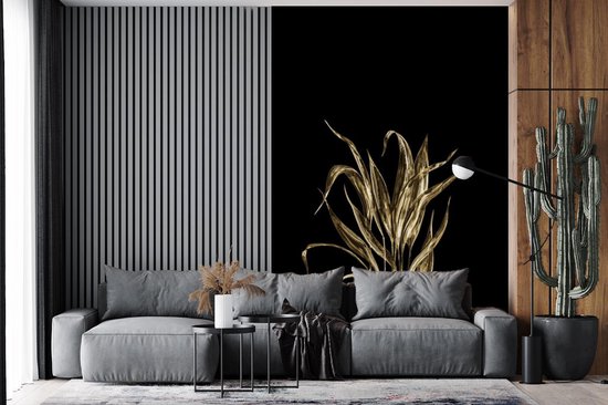 Longues fines feuilles dorées sur fond noir 195x300 cm