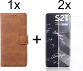 Samsung S21 Ultra Hoesje - Samsung Galaxy S21 Ultra hoesje bookcase bruin wallet case portemonnee hoes cover hoesjes - 2x Samsung S21 Ultra screenprotector UV