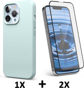 iPhone 13 Pro Hoesje Turquoise & 2X Volledige Glazen Screenprotector - Siliconen Back Cover
