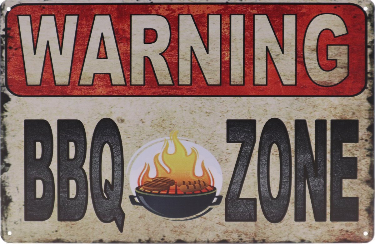 Wandbord – Barberque Zone – BBQ - Vintage - Retro - Wanddecoratie – Reclame bord – Restaurant – Kroeg - Bar – Cafe - Horeca – Metal Sign – 20x30cm