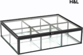 H&L theedoos zwart - metaal - glas - 6 vakjes - sieradendoos - 20 x 15 x 5 cm