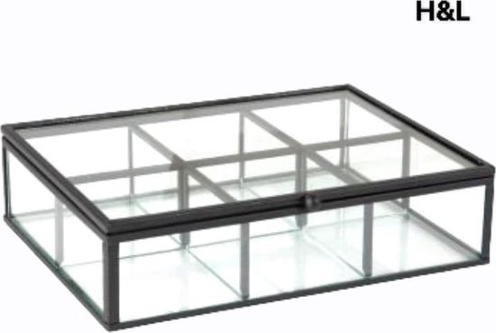 H&L theedoos zwart - metaal - glas - 6 vakjes - sieradendoos - 20 x 15 x 5  cm | bol.com