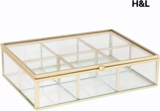 H&L theedoos goud - metaal - glas - 6 vakjes - sieradendoos - 20 x 15 x 5  cm | bol.com