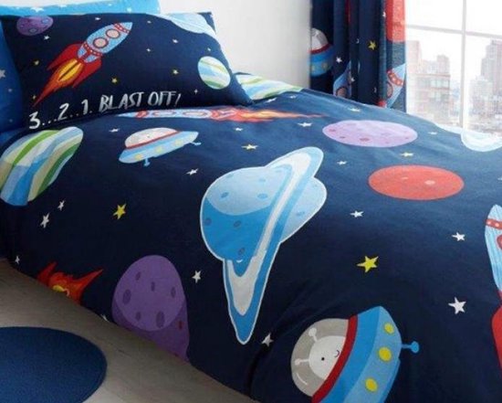 1-persoons jongens dekbedovertrek (dekbed hoes) donkerblauw / blauw met raketten, planeten, sterren, spaceshuttle en ruimtewezens in de ruimte en heelal eenpersoons 140 x 200 cm (beddengoed kinderkamer)