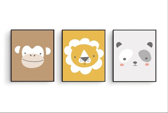 Set d'affiches 3 singes Lion tête de Panda Animaux - Chambre d'enfants - Affiche d'animaux - Affiche de chambre de bébé / Enfants - Cadeau de naissance - Décoration Décoration murale - 40x30cm / A3 - Chambre de bébé