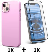 iPhone 13 Mini Hoesje Roze & Volledige Glazen Screenprotector - Siliconen Back Cover