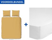 Luxe Dekbedovertrek Tweepersoons - Lits Jumeaux - 240x200/220cm - Inclusief 2 Kussenslopen - 100% Zacht Katoensatijn - Ocre + Zachte Katoenen Hoeslaken - 180x200cm - Wit