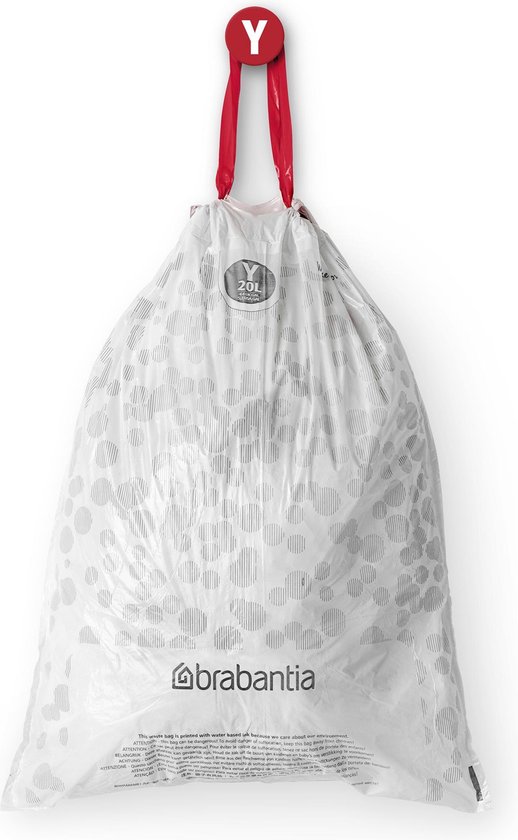 Brabantia vuilniszak, code Y, 20L, hangend aan een rode lus. Witte zak met grijs cirkelpatroon.