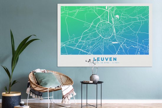 Tableau sur toile Carte de ville - Louvain - Blauw - België - 180x120 cm - Décoration murale XXL