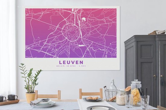 Tableau sur toile Carte de ville - Louvain - België - Violet - 180x120 cm - Décoration murale XXL