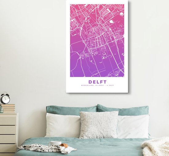 Tableau sur Toile City Map - Delft - Violet - 120x180 cm - Décoration murale XXL