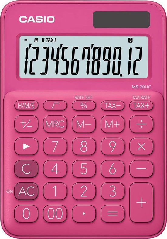 Roze Casio MS-20UC rekenmachine met groot display en duidelijke knoppen.