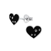Joy|S - Zilveren hartje oorbellen - 9 x 8 mm - zwart met dierenpootjes