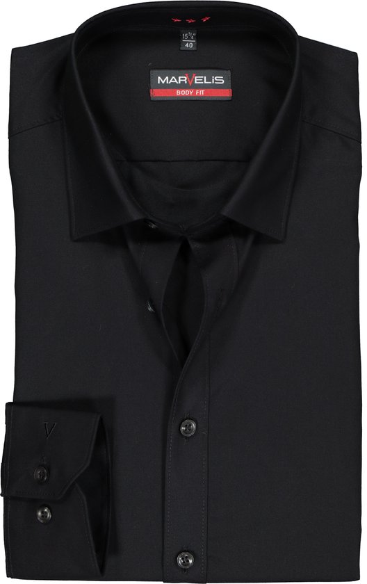 MARVELIS body fit overhemd - zwart - Strijkvriendelijk - Boordmaat: 40