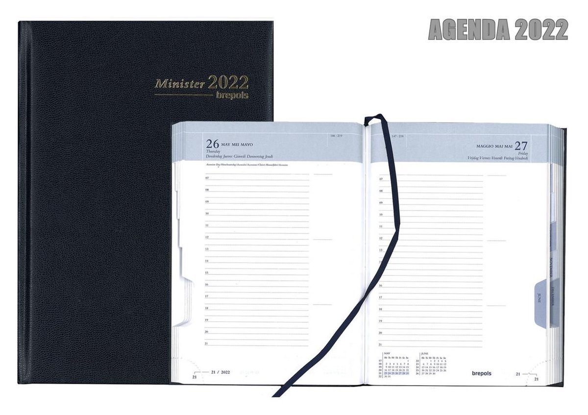 Brepols Agenda 2022 - Minister - Uitgestanste maandtabs - Lima Kunstleder - 14,8 x 21 cm - Blauw