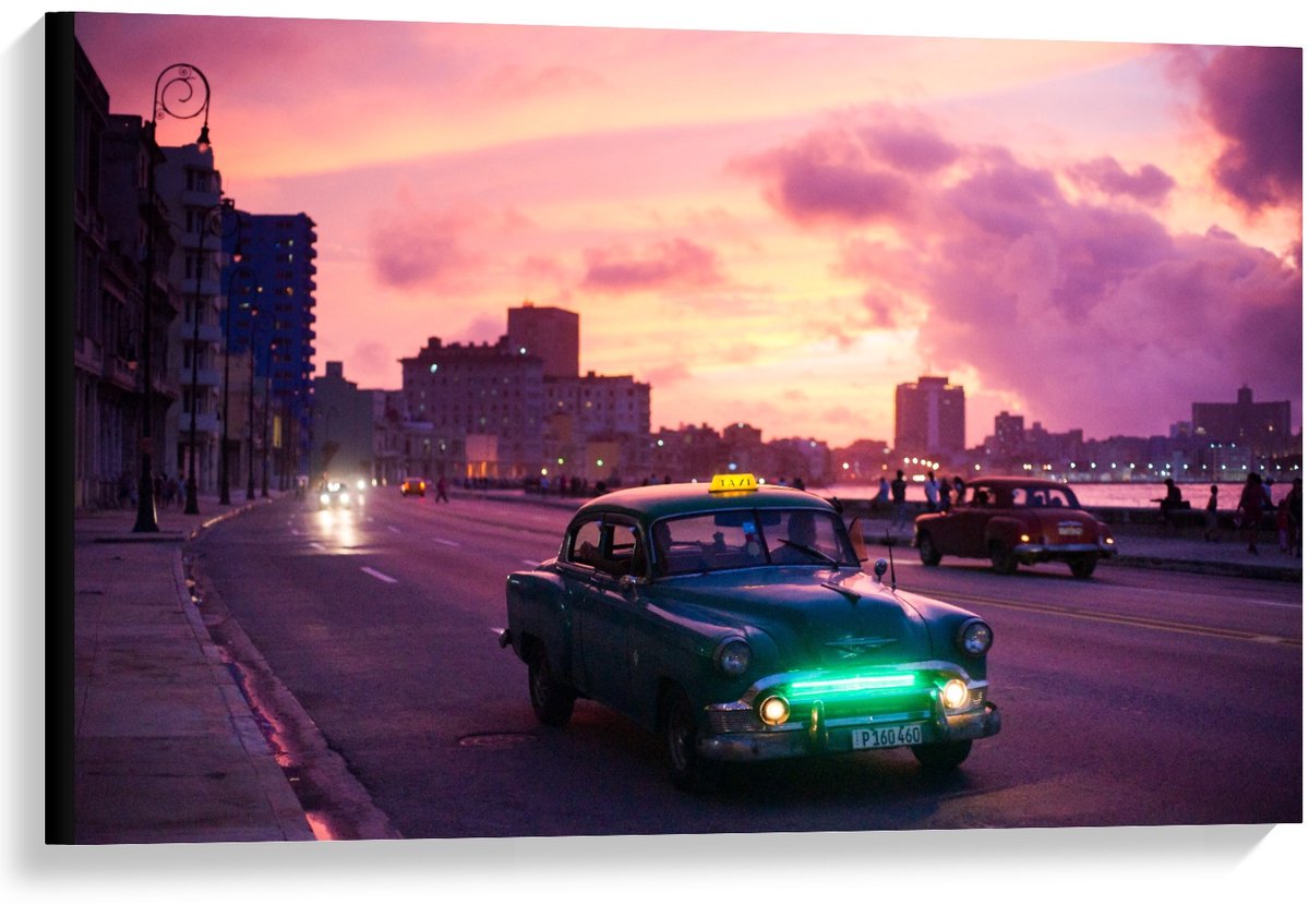 KuijsFotoprint Canvas - Auto's op Weg met Roze Lucht - 90x60cm Foto op Canvas Schilderij (Wanddecoratie op Canvas) Blauw