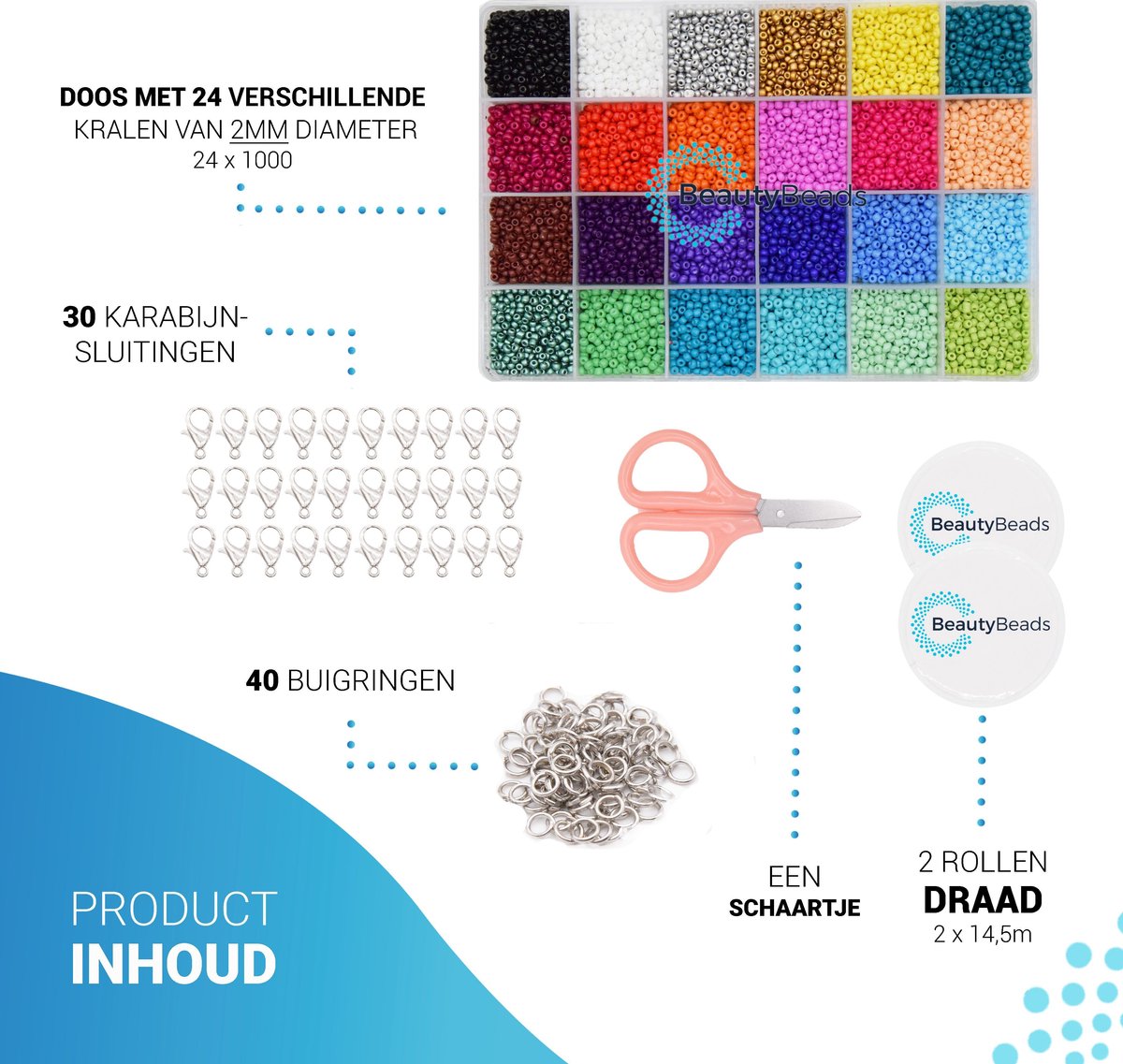 BeautyBeads BB107-2mm – Knutselen en Sieraden Maken – Knutsel Sieradenpakket met 24000 Glaskralen – Uitgebreide 24-Kleurige Glaszaad Hobbypakket – 2mm Kralen — afbeelding 7