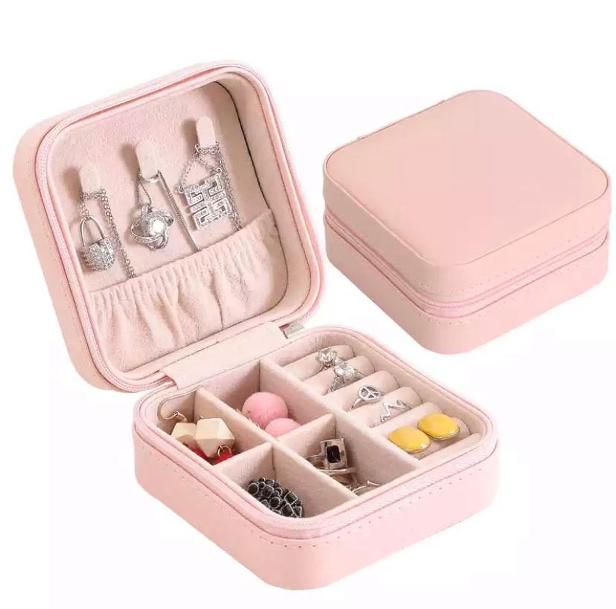Qrola luxe fluwelen sieradendoos compact roze met poetsdoekje / Valentijnsdag / premium jewelry box / juwelendoos / kettingen, oorbellen, ringen / geschenk / cadeautje voor haar / sieradendoosje