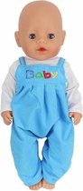 Dolldreams | Lichtblauw jumpsuit met tekst BABY en een wit shirtje voor poppen met lengte van ca. 43 cm - Jongens pakje geschikt voor baby born