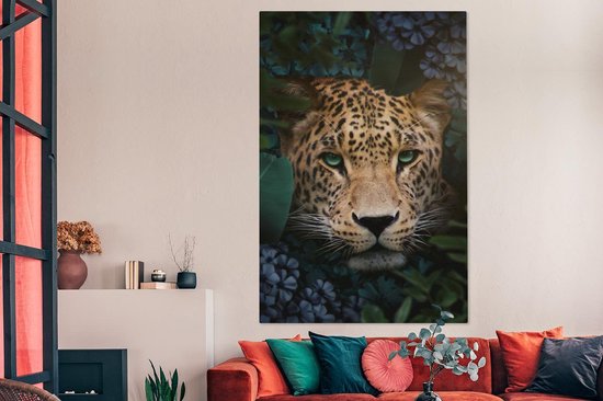 Peintures sur toile Panthère - Jungle - Fleurs - Plantes - 120x180 cm - Décoration murale XXL