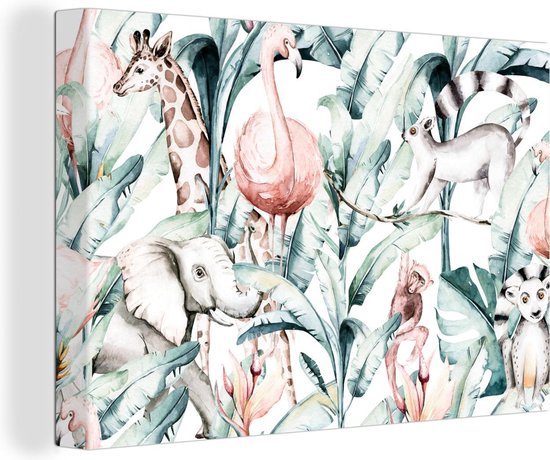 Canvas Schilderij Waterverf - Dieren - Planten - Jungle - Jongens - Meisjes - Kinderen - 120x80 cm - Wanddecoratie