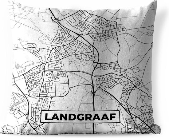 Sierkussen Buiten - Kaart - Landgraaf - Zwart - Wit - 60x60 cm - Weerbestendig