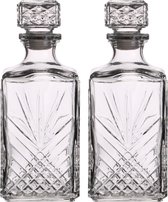 Set van 2x stuks glazen whisky/water karaffen 1 liter - Kristalglas look whiskey fles - Karaffen voor sterke drank