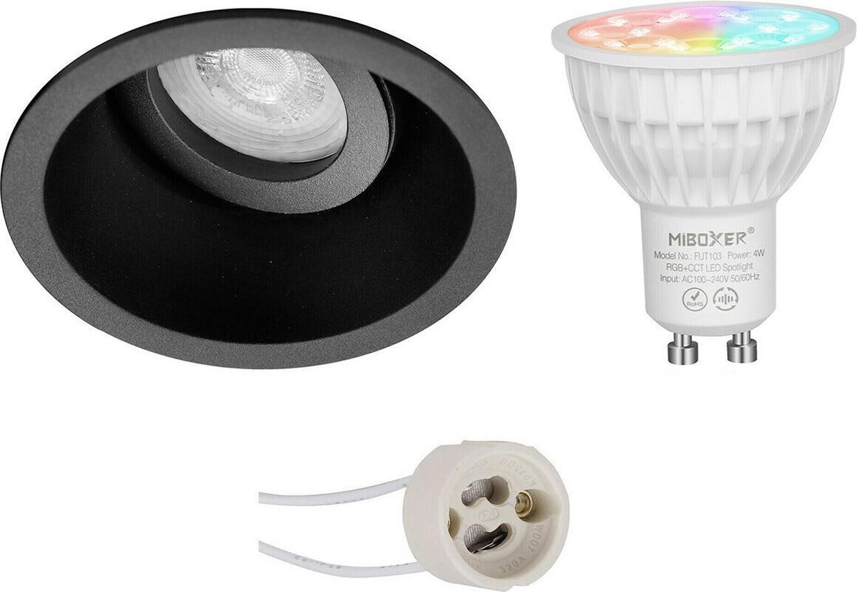 Mi-Light MiBoxer - LED Spot Set GU10 - Smart LED - Wifi LED - Slimme LED - 4W - RGB+CCT - Aanpasbare Kleur - Dimbaar - Proma Zano Pro - Inbouw Rond - Mat Zwart - Kantelbaar - Ø93mm